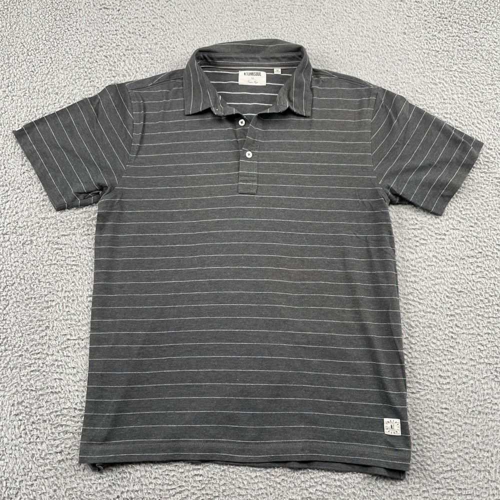 Linksoul Polo Shirt Mens Medium Gray Striped‎ Short Sleeve Cotton Blend Golf Tee